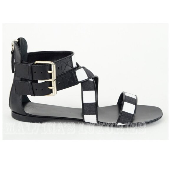 GIUSEPPE ZANOTTI SHOES GLADIATOR CANVAS & LEATHER BLACK & WHITE